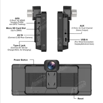 10,26-дюймовый ADINKAM Модернизированный 4K Dash Cam 5G WIFI ADAS GPS USB AUX Портативный Беспроводной Carplay Android Auto AirPlay Miracast Dashboa
