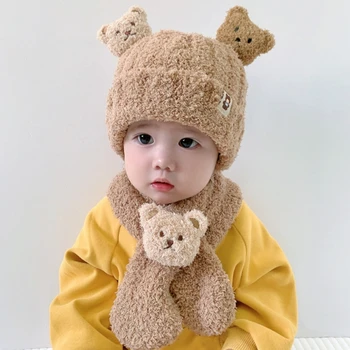 Y1UB Плюшевая шапка Детская шапка шейный платок Набор детских принадлежностей Медвежий шейный платок шапочка-бини