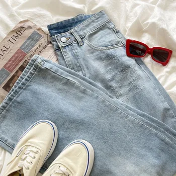 Летние ретро винтажные светло-голубые выстиранные свободные джинсовые брюки с прямой трубкой