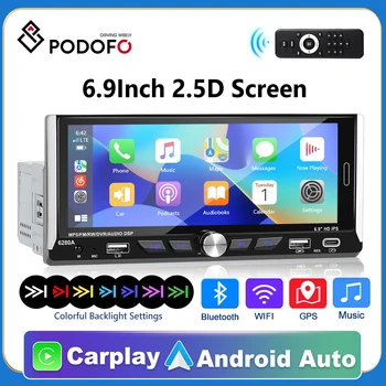Podofo Android 1 Din GPS Автомобильная стереосистема Carplay Radio MP5 Player 6.9 