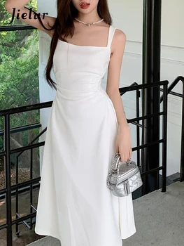 Новое женское белое платье-слинг Jielur, Летнее Романтическое французское элегантное женское платье, винтажные модные платья без рукавов Slim Fit