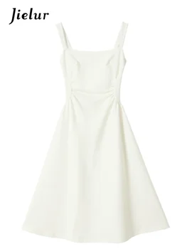 Новое женское белое платье-слинг Jielur, Летнее Романтическое французское элегантное женское платье, винтажные модные платья без рукавов Slim Fit