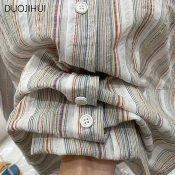 DUOJIHUI, Абрикосовые Классические полосатые Свободные Повседневные Женские рубашки, Летние Базовые Женские рубашки с длинным рукавом, простые Модные Женские рубашки контрастного цвета