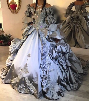 Серебристо-серые выпускные платья принцессы в готическом стиле с длинным рукавом, Викторианский корсет на шнуровке, пышная юбка, вечернее платье с бисером