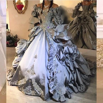 Серебристо-серые выпускные платья принцессы в готическом стиле с длинным рукавом, Викторианский корсет на шнуровке, пышная юбка, вечернее платье с бисером