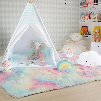 Волосатые Радужные ковры для детской спальни, Мягкие Пушистые ковры для гостиной, Детская комната, Детская Игровая комната, Милый коврик для декора комнаты