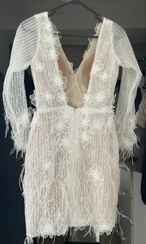 15005 # Изысканное свадебное платье-футляр с V-образным вырезом и цветочным принтом, современные вечерние платья с перьями на молнии и без спинки