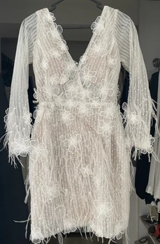 15005 # Изысканное свадебное платье-футляр с V-образным вырезом и цветочным принтом, современные вечерние платья с перьями на молнии и без спинки
