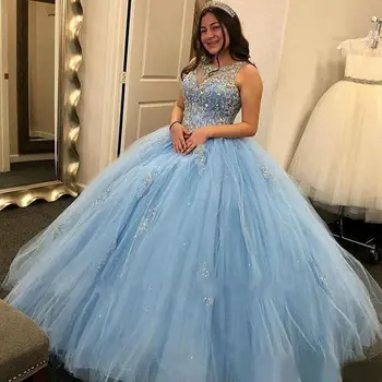 Модное небесно-голубое роскошное бальное платье Quinceanera, платья с прозрачным вырезом, украшенные кристаллами, расшитые бисером, платья для вечеринок принцессы Vestidos De Baile