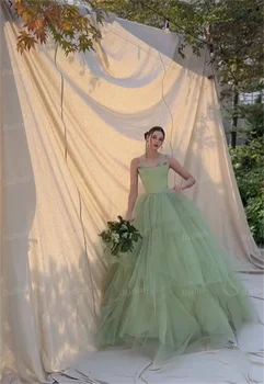 Bafftafe Мятно-зеленые Корейские платья невесты Свадебная фотография Корсет на бретельках сзади Многослойная юбка Вечерние платья для выпускного вечера Вечернее платье