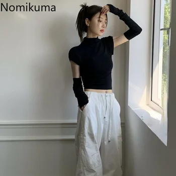 Nomikuma Camisetas Весна Осень выдалбливают шнурок Тонкий Y2k Женская одежда Элегантная мода Винтаж Сексуальные футболки с длинным рукавом