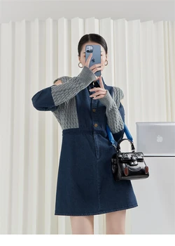 Сайт LMQ новый женский модный дизайн воротник рубашки синий деним сшитые трикотажные с длинным рукавом кнопка платье мини лоскутное платье-свитер