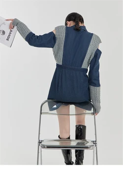 Сайт LMQ новый женский модный дизайн воротник рубашки синий деним сшитые трикотажные с длинным рукавом кнопка платье мини лоскутное платье-свитер